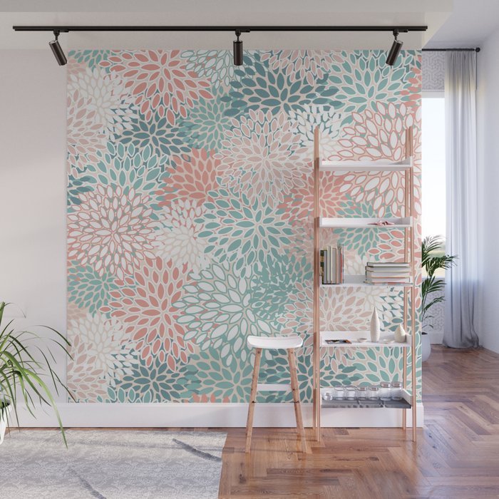 Modern Floral Prints, Coral Teal and Green Wall Mural Gallery Image 1