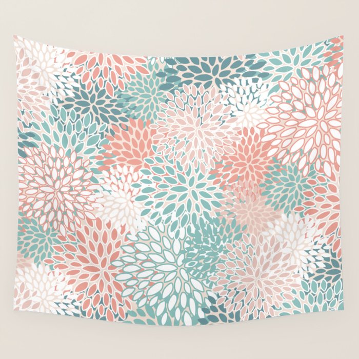 Modern Floral Prints, Coral Teal and Green Wall Tapestry Gallery Image 1