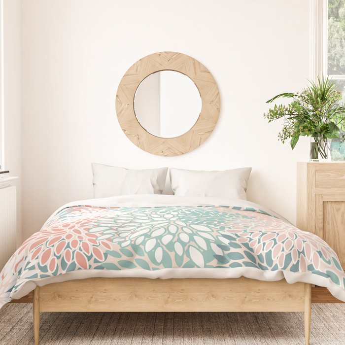 Modern Floral Prints, Coral Teal and Green Duvet Cover Gallery Image 3
