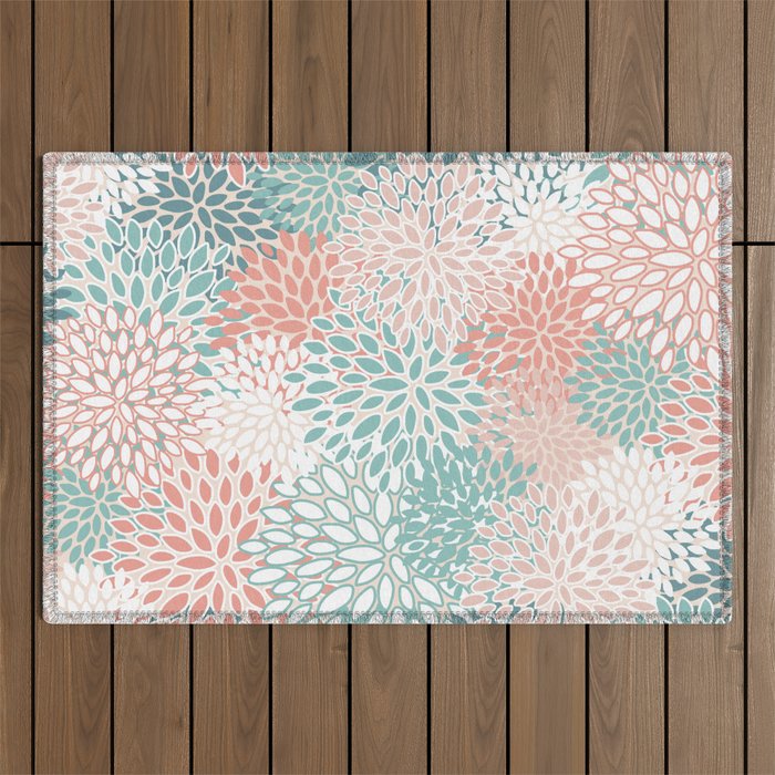 Modern Floral Prints, Coral Teal and Green Outdoor Rug Gallery Image 1