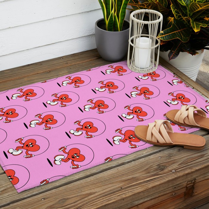 Retro love heart cartoon character pattern Outdoor Rug Gallery Image 2