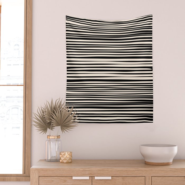 Natural Stripes Modern Minimalist Pattern in Black and Almond Cream  Wall Tapestry Gallery Image 2