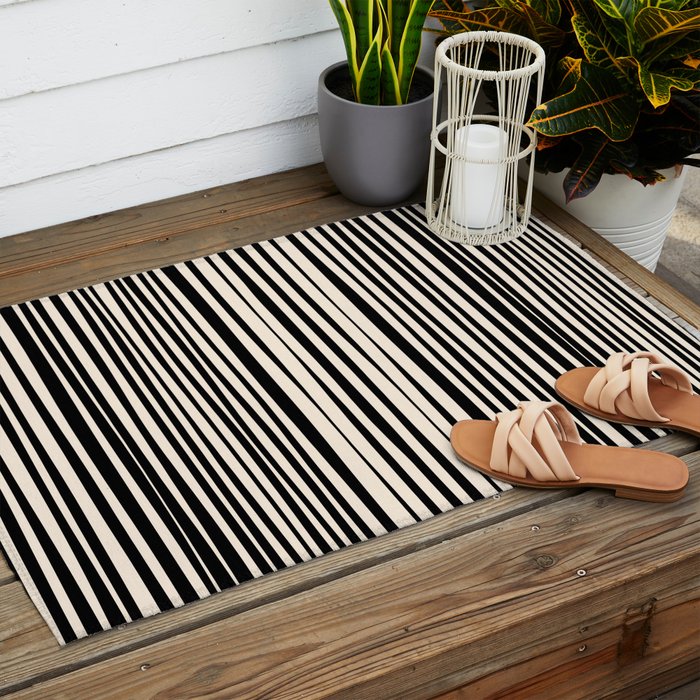 Natural Stripes Modern Minimalist Pattern in Black and Almond Cream  Outdoor Rug Gallery Image 2