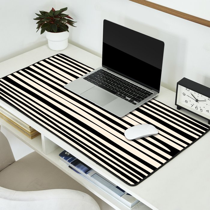 Natural Stripes Modern Minimalist Pattern in Black and Almond Cream  Desk Mat Gallery Image 2
