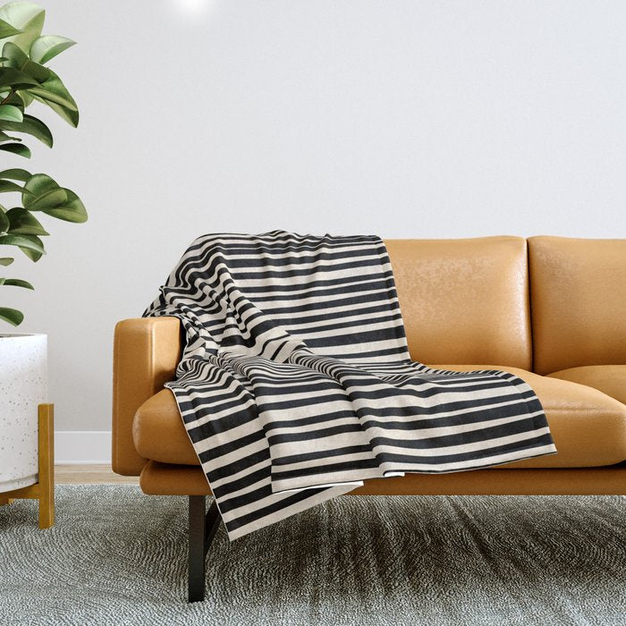 Natural Stripes Modern Minimalist Pattern in Black and Almond Cream  Throw Blanket Gallery Image 1