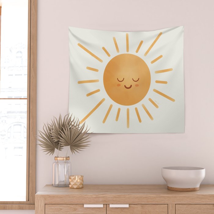 Peace Sun Face, Calm Happy Sunshine Watercolor Wall Tapestry Gallery Image 2