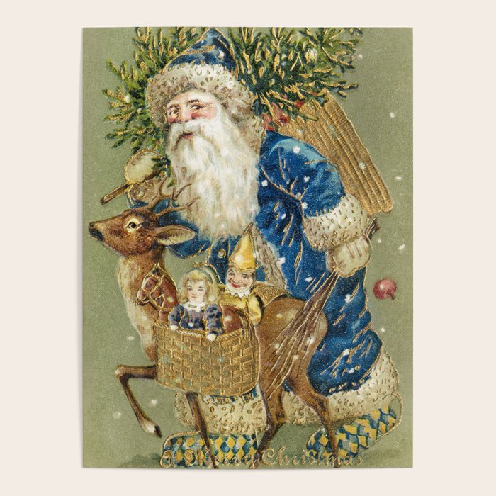Vintage Christmas : Blue Cloaked Santa Claus Poster Gallery Image 1