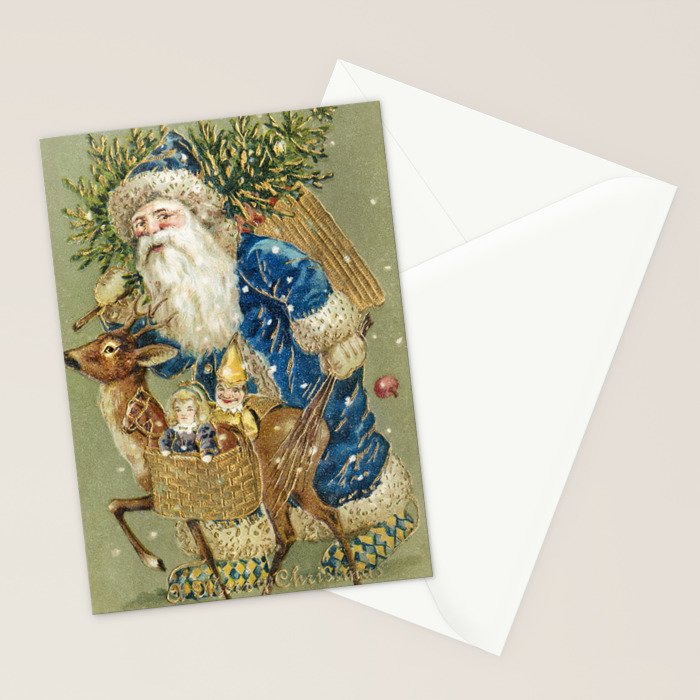 Vintage Christmas : Blue Cloaked Santa Claus Stationery Card Gallery Image 2