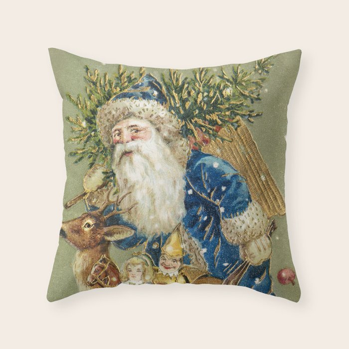 Vintage Christmas : Blue Cloaked Santa Claus Throw Pillow