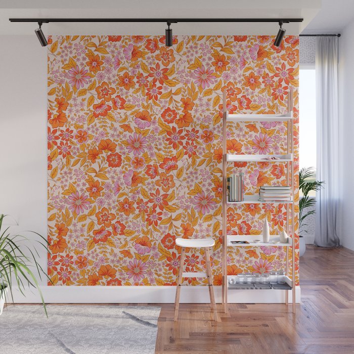 Posey - orange and pink Wall Mural Gallery Image 1