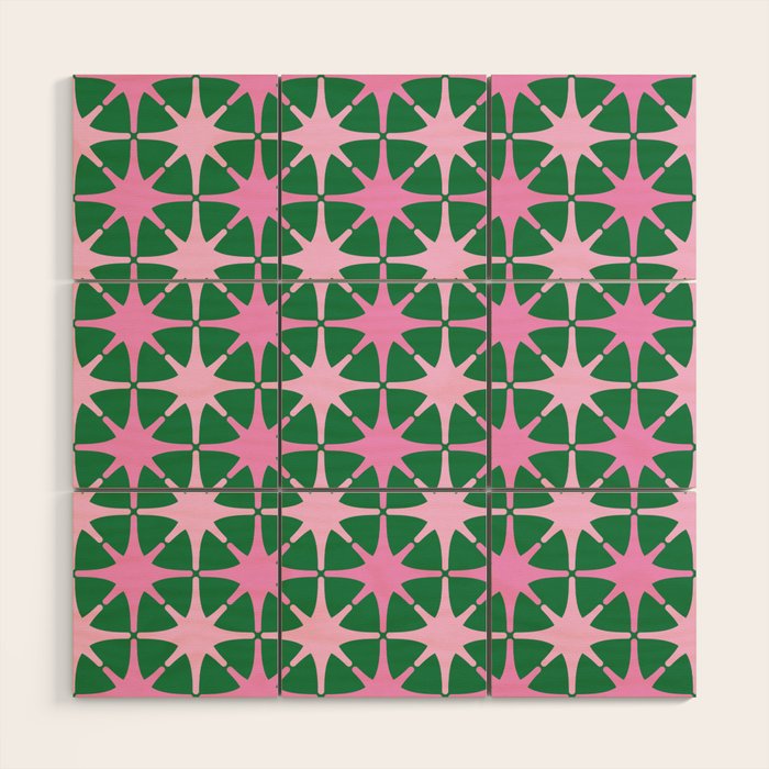 Festive Mid-Century Stars in Green & Pink Wood Wall Art Gallery Image 1