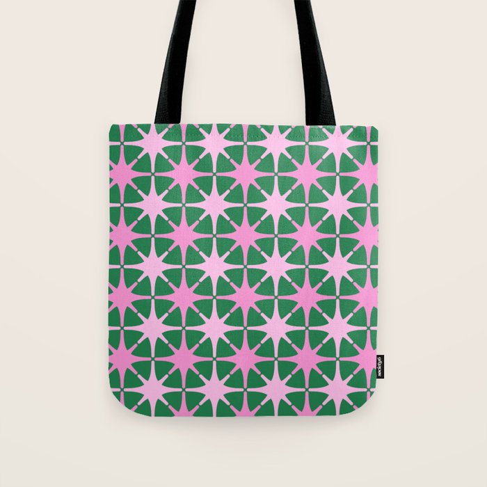 Festive Mid-Century Stars in Green & Pink Tote Bag Gallery Image 1