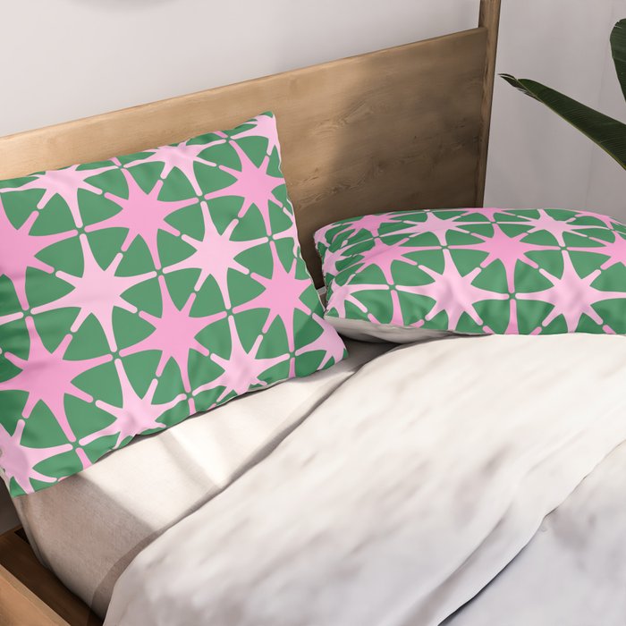 Festive Mid-Century Stars in Green & Pink Pillow Sham Gallery Image 2