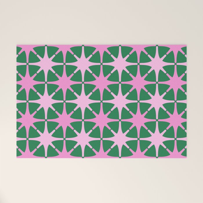 Festive Mid-Century Stars in Green & Pink Welcome Mat Gallery Image 1