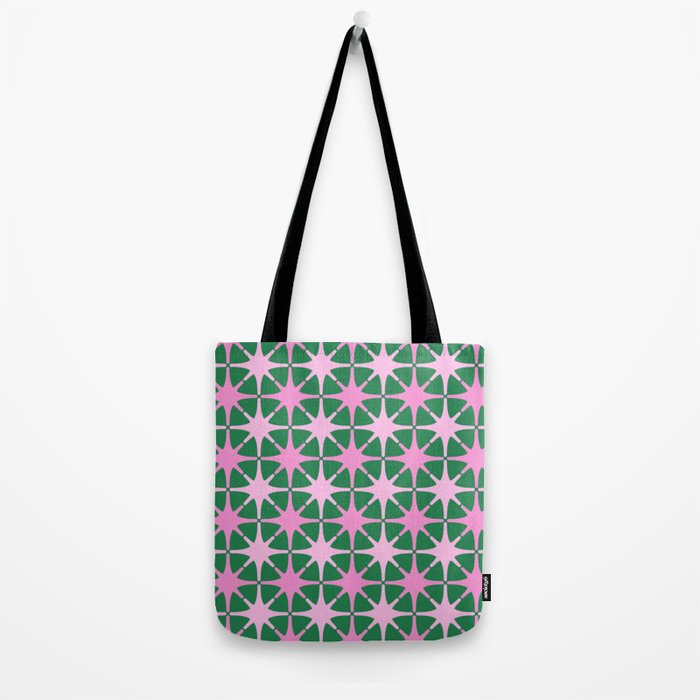 Festive Mid-Century Stars in Green & Pink Tote Bag Gallery Image 2