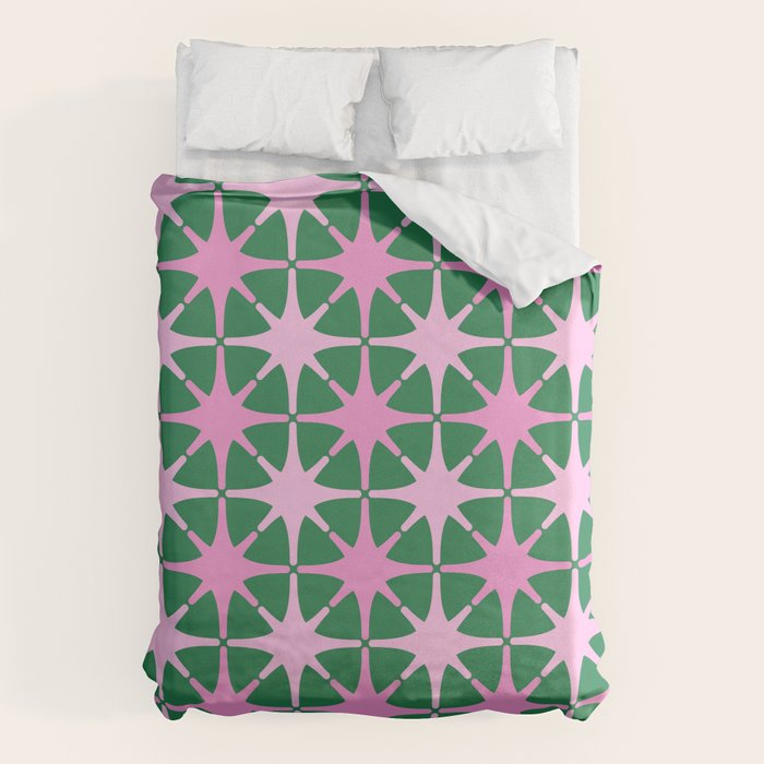 Festive Mid-Century Stars in Green & Pink Duvet Cover Gallery Image 6