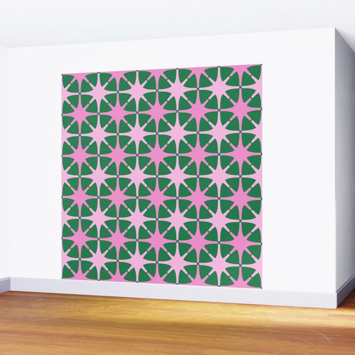 Festive Mid-Century Stars in Green & Pink Wall Mural Gallery Image 2