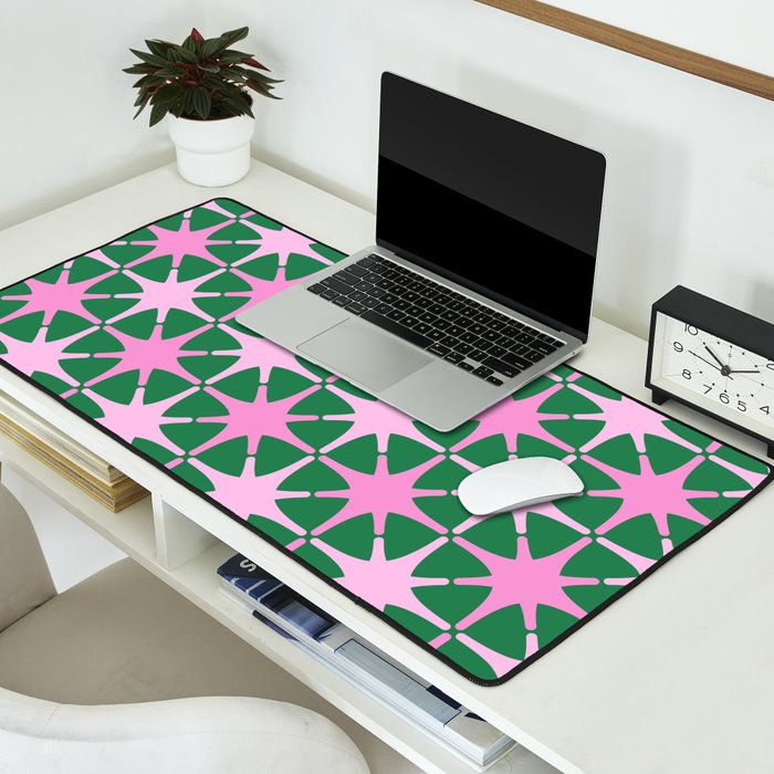 Festive Mid-Century Stars in Green & Pink Desk Mat Gallery Image 2