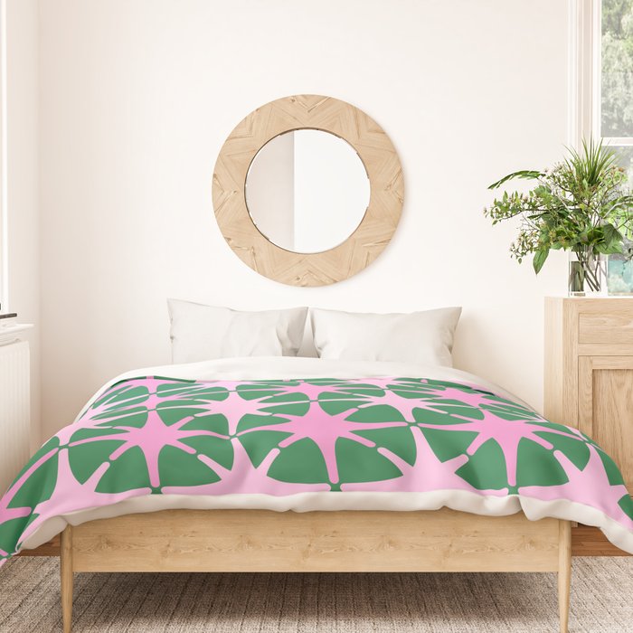 Festive Mid-Century Stars in Green & Pink Duvet Cover Gallery Image 3