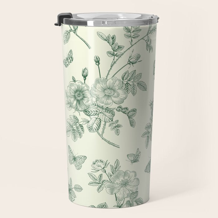 Toile de Jouy Wild Roses Forest Green Floral Travel Mug Gallery Image 3