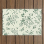 Toile de Jouy Wild Roses Forest Green Floral Outdoor Rug Gallery Image 1