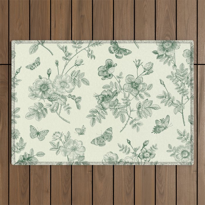 Toile de Jouy Wild Roses Forest Green Floral Outdoor Rug Gallery Image 1