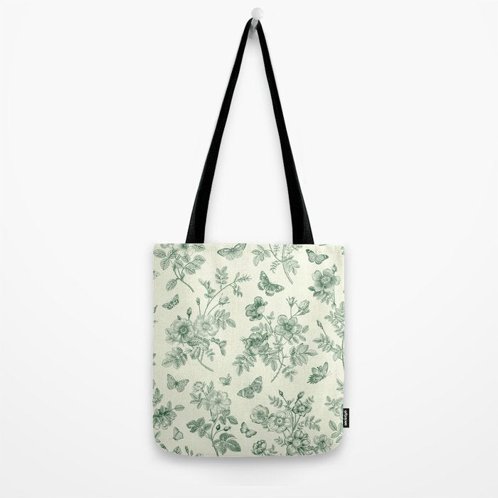 Toile de Jouy Wild Roses Forest Green Floral Tote Bag Gallery Image 2
