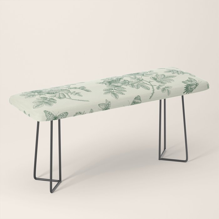 Toile de Jouy Wild Roses Forest Green Floral Bench Gallery Image 1