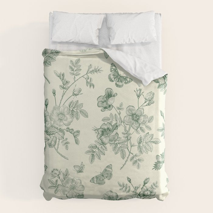 Toile de Jouy Wild Roses Forest Green Floral Duvet Cover Gallery Image 6