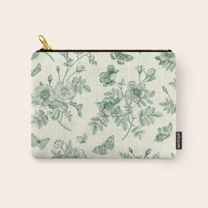 Toile de Jouy Wild Roses Forest Green Floral Carry All Pouch Gallery Image 1