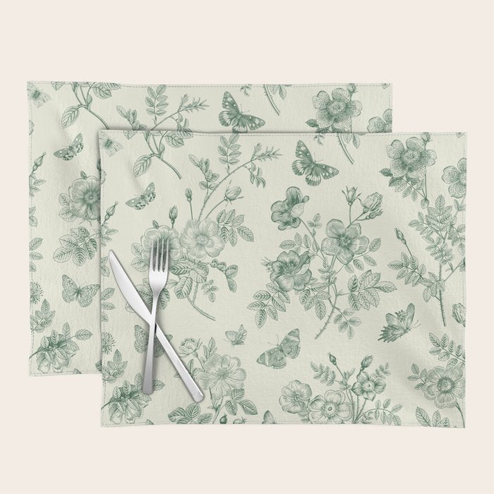 Toile de Jouy Wild Roses Forest Green Floral Placemat Gallery Image 1