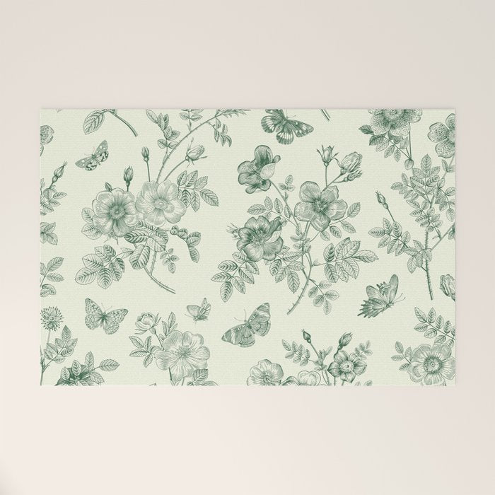 Toile de Jouy Wild Roses Forest Green Floral Welcome Mat Gallery Image 1