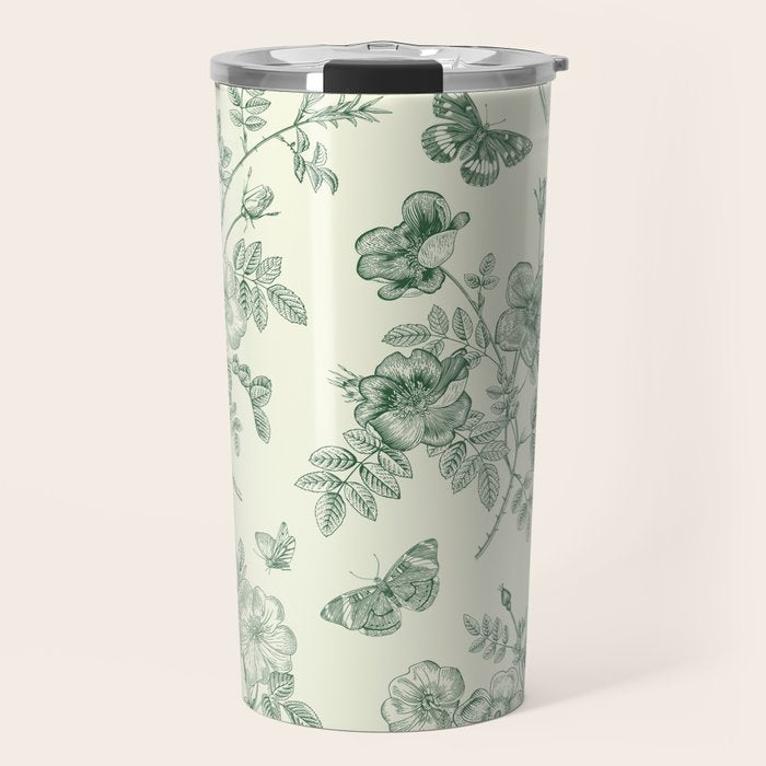 Toile de Jouy Wild Roses Forest Green Floral Travel Mug Gallery Image 1