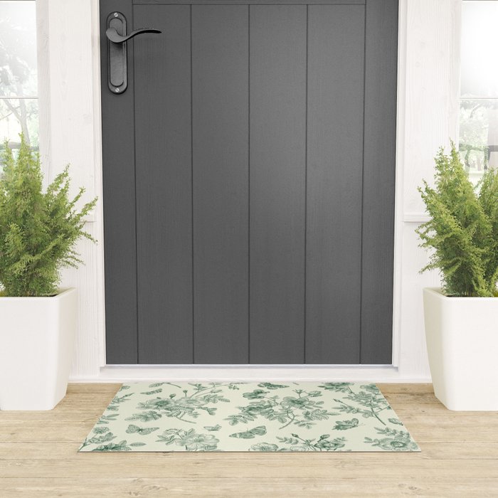 Toile de Jouy Wild Roses Forest Green Floral Welcome Mat Gallery Image 3