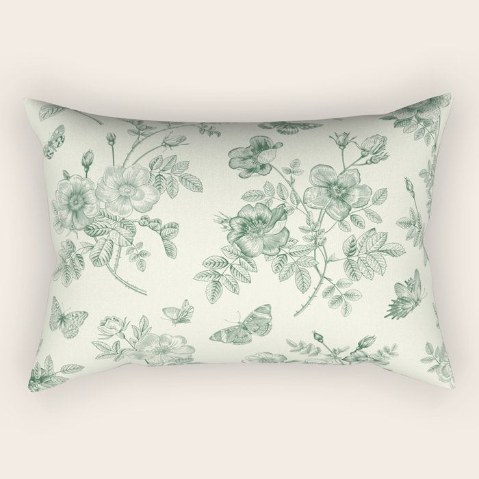 Toile de Jouy Wild Roses Forest Green Floral Rectangular Pillow Gallery Image 1