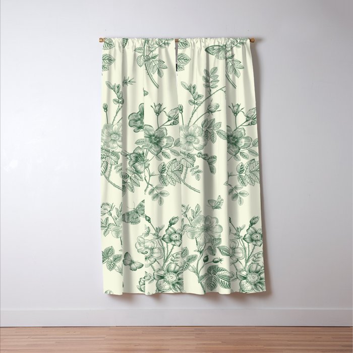 Toile de Jouy Wild Roses Forest Green Floral Window Curtain Gallery Image 3