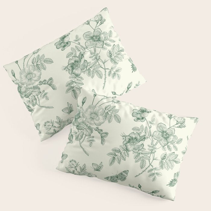 Toile de Jouy Wild Roses Forest Green Floral Pillow Sham Gallery Image 1