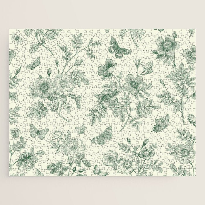 Toile de Jouy Wild Roses Forest Green Floral Jigsaw Puzzle Gallery Image 1