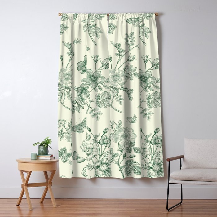 Toile de Jouy Wild Roses Forest Green Floral Window Curtain Gallery Image 5