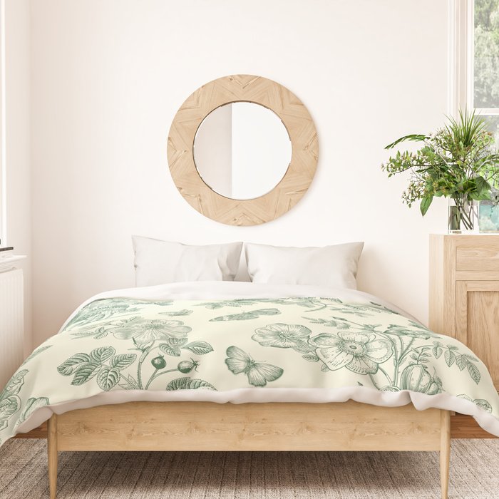 Toile de Jouy Wild Roses Forest Green Floral Duvet Cover Gallery Image 3