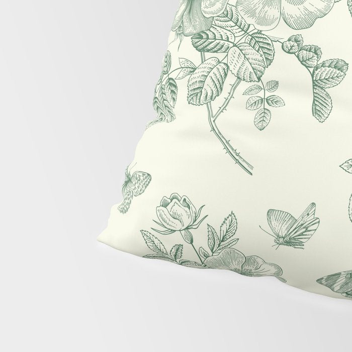 Toile de Jouy Wild Roses Forest Green Floral Pillow Sham Gallery Image 4