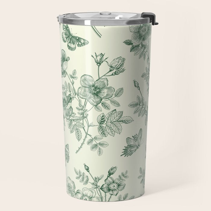 Toile de Jouy Wild Roses Forest Green Floral Travel Mug Gallery Image 2