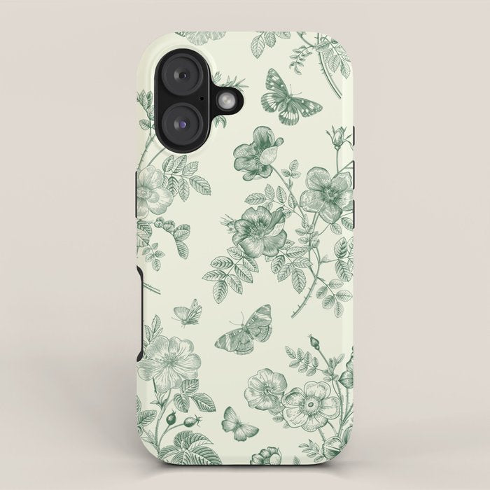 Toile de Jouy Wild Roses Forest Green Floral iPhone Case Gallery Image 1