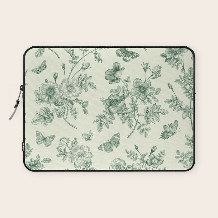 Toile de Jouy Wild Roses Forest Green Floral Laptop Sleeve Gallery Image 1