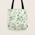 Toile de Jouy Wild Roses Forest Green Floral Tote Bag Gallery Image 1