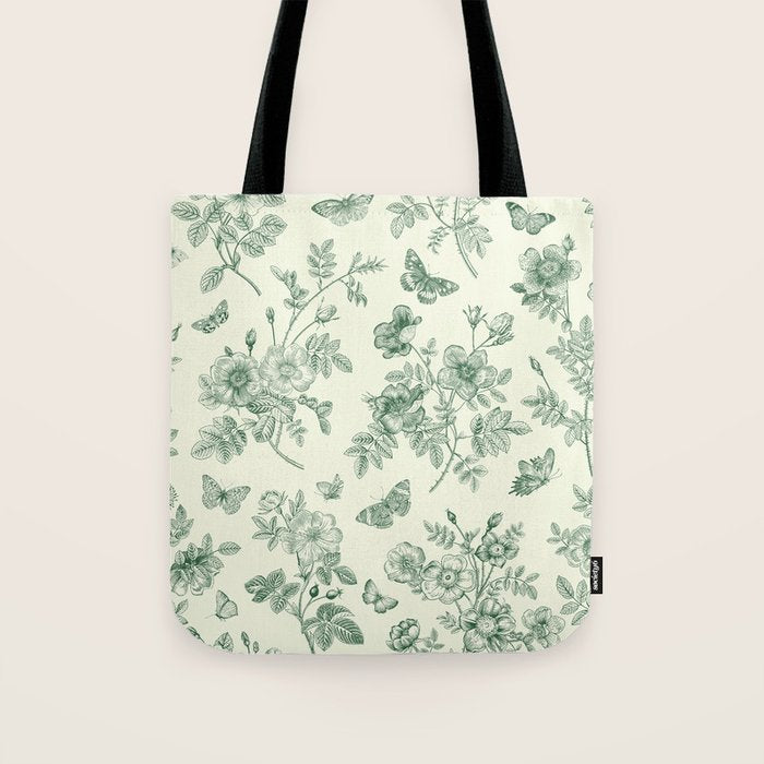 Toile de Jouy Wild Roses Forest Green Floral Tote Bag Gallery Image 1