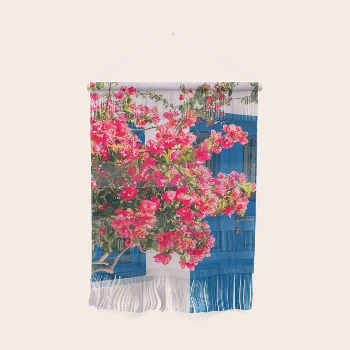 Blue Door in Santorini Greece - Pink Flowers by House - Fine Art Travel Photography Wall Hanging Gallery Image 2