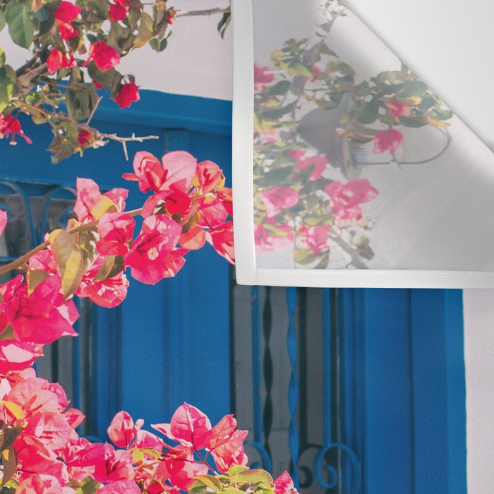 Blue Door in Santorini Greece - Pink Flowers by House - Fine Art Travel Photography Wall Tapestry Gallery Image 3