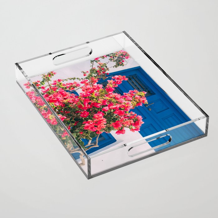 Blue Door in Santorini Greece - Pink Flowers by House - Fine Art Travel Photography Acrylic Tray Gallery Image 1