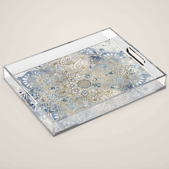 Mandala Flower, Blue and Gold, Floral Prints Acrylic Tray Gallery Image 1